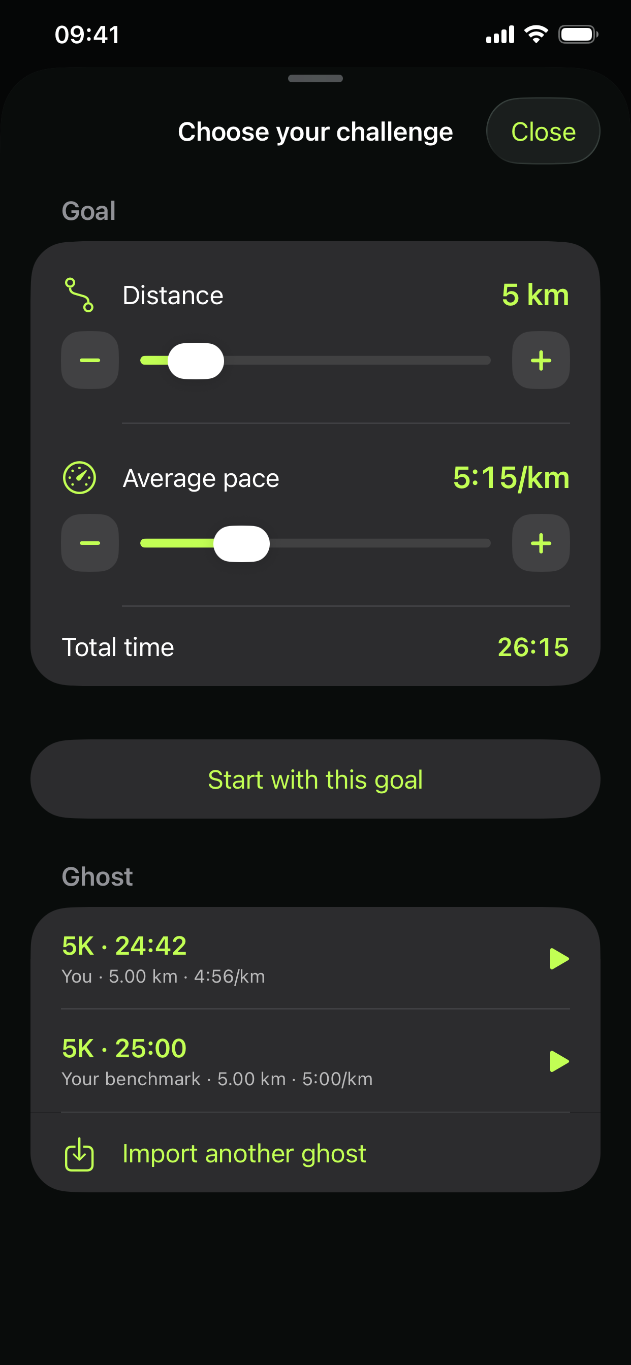 Real Ghost challenge picker with a goal and saved ghosts
